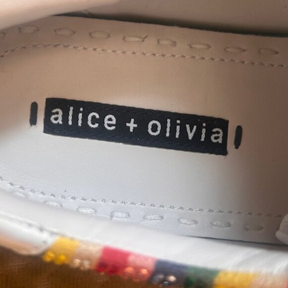 Alice and Olivia Cassidy Rainbow Stripe Sequin Leather Lace Up Sneakers Sneakers - Picture 2 of 16